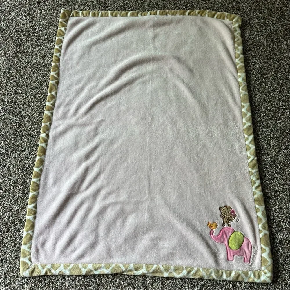Carters Pink Baby Blanket Elephant Monkey with Giraffe Print Edging 30x40